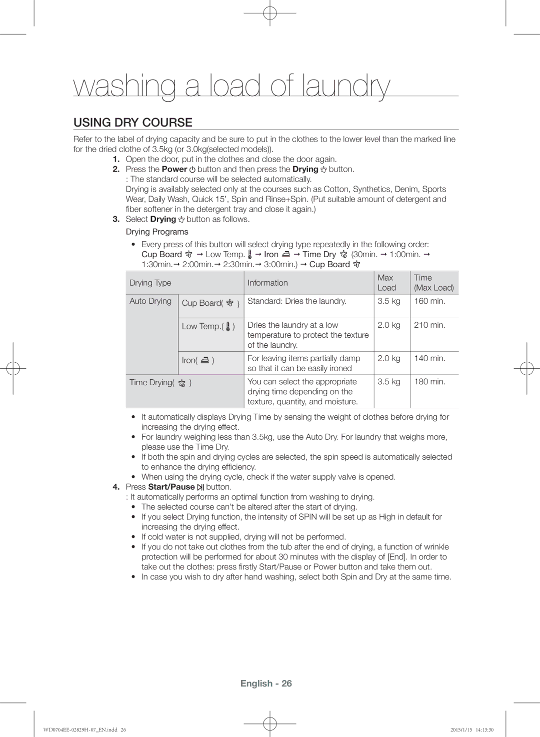 Samsung WD0704EEC/XEE manual Using dry course 