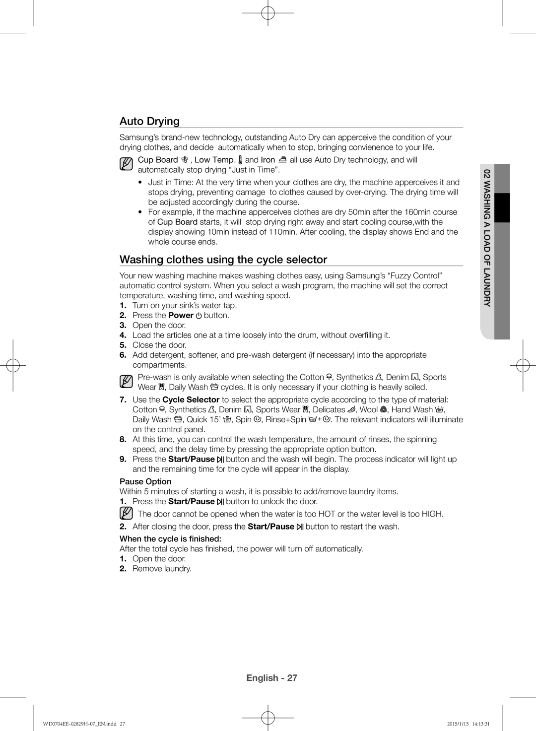 Samsung WD0704EEC/XEE manual Auto Drying, Washing clothes using the cycle selector 