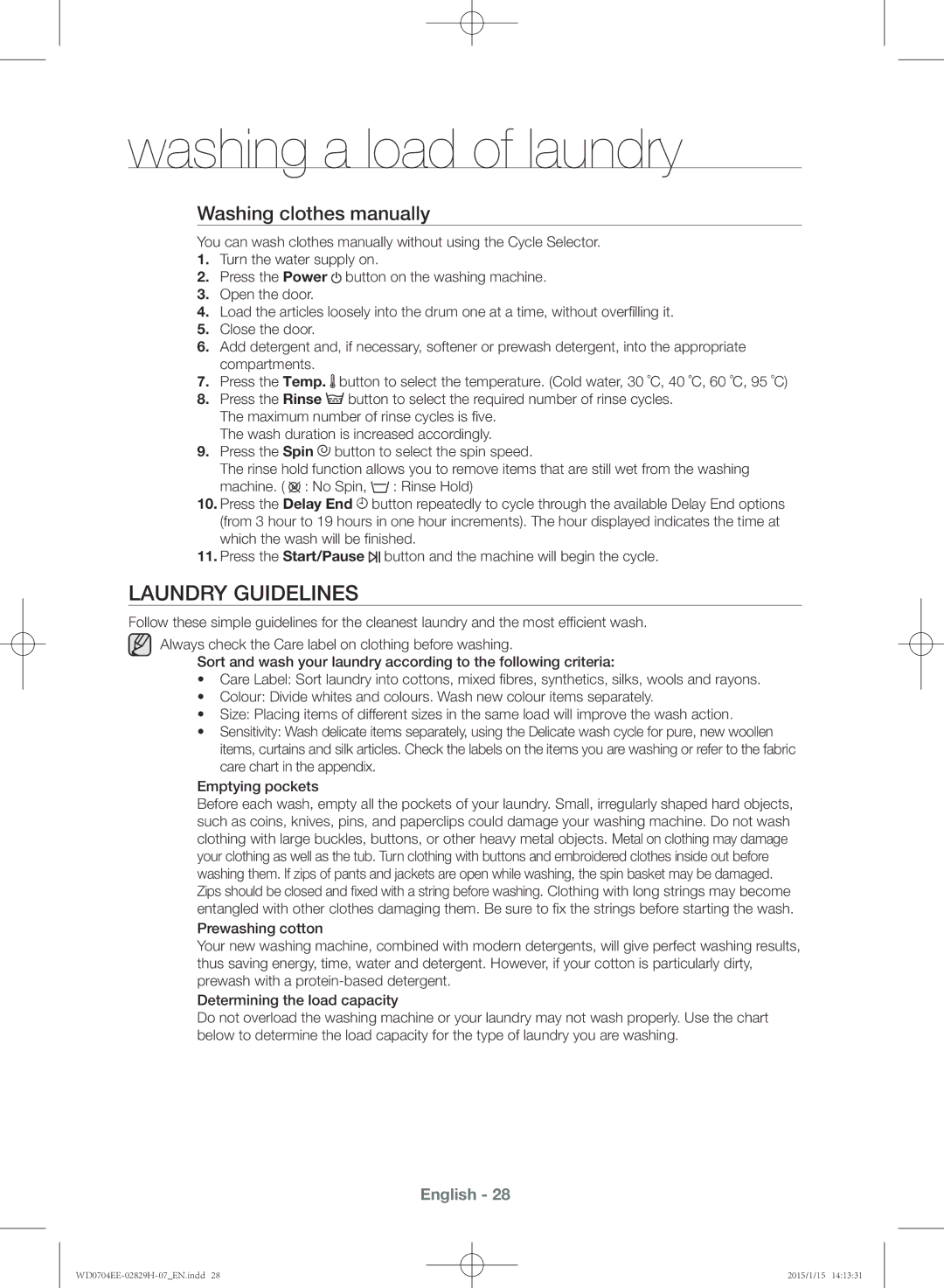 Samsung WD0704EEC/XEE Laundry guidelines, Washing clothes manually 