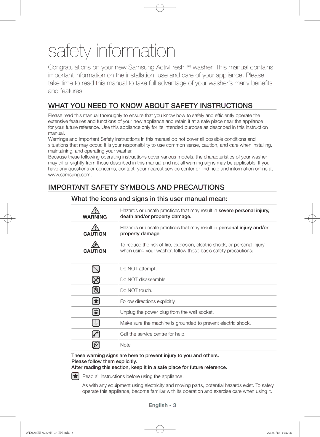 Samsung WD0704EEC/XEE manual Safety information 