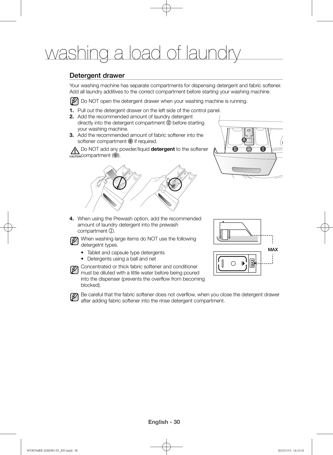 Samsung WD0704EEC/XEE manual Detergent drawer, Detergents using a ball and net 