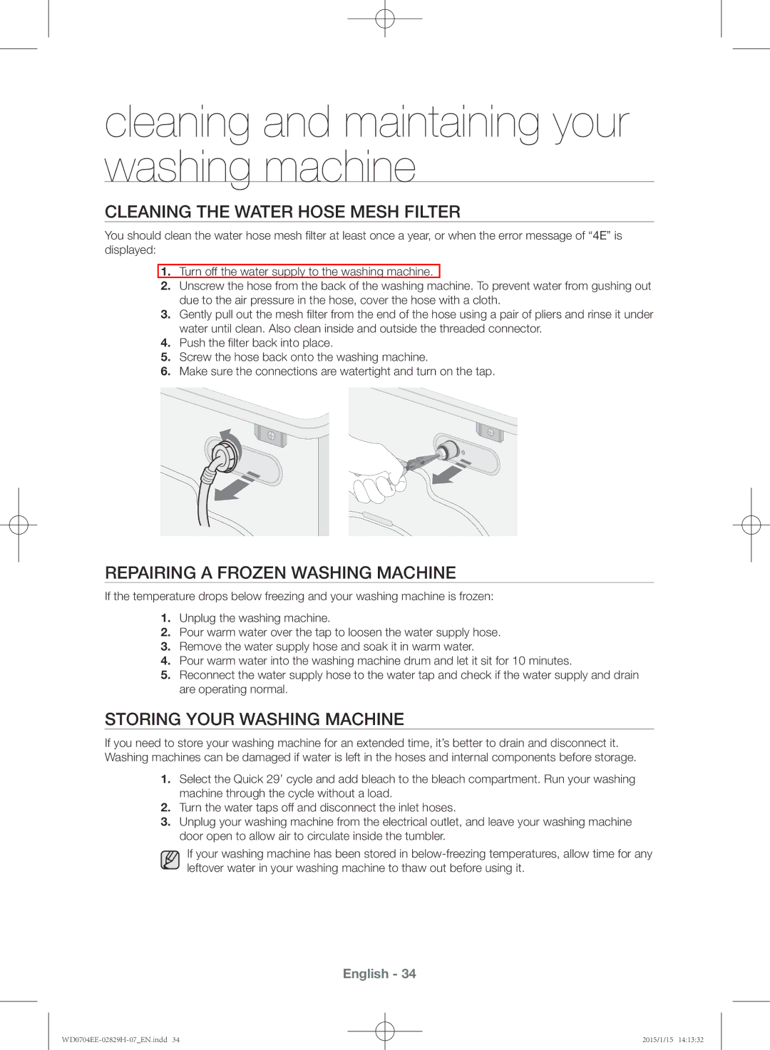 Samsung WD0704EEC/XEE manual Cleaning the water hose mesh filter, Repairing a frozen washing machine 