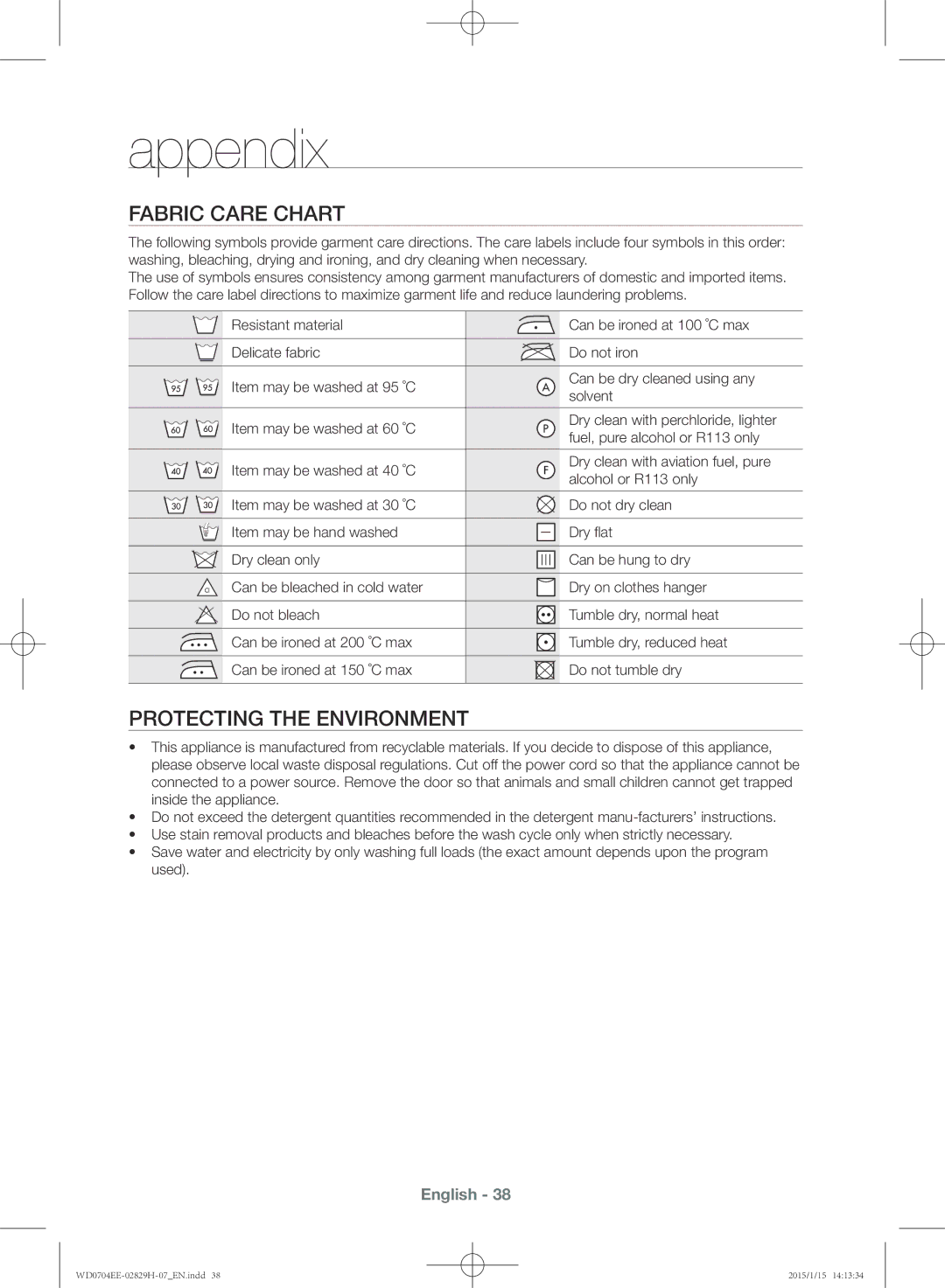 Samsung WD0704EEC/XEE manual Appendix, Fabric care chart, Protecting the environment 