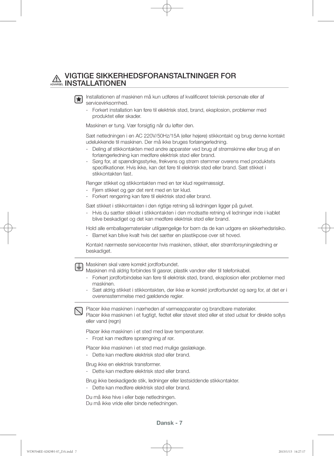 Samsung WD0704EEC/XEE manual Dansk 