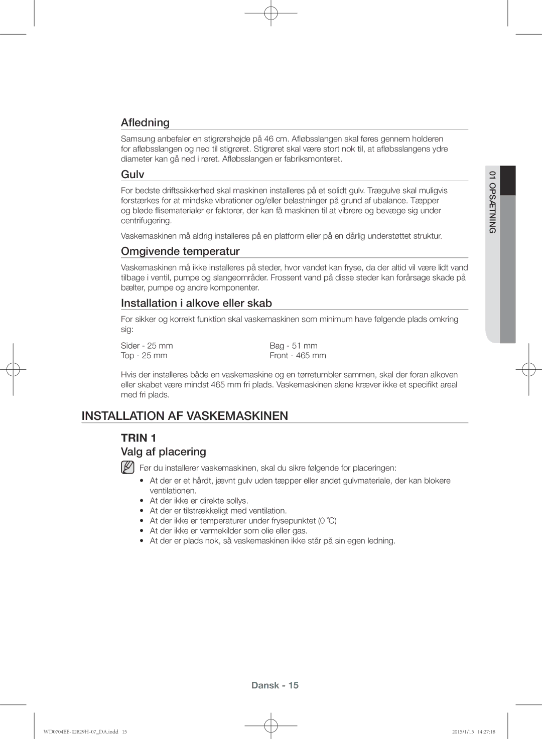 Samsung WD0704EEC/XEE manual Installation af vaskemaskinen 