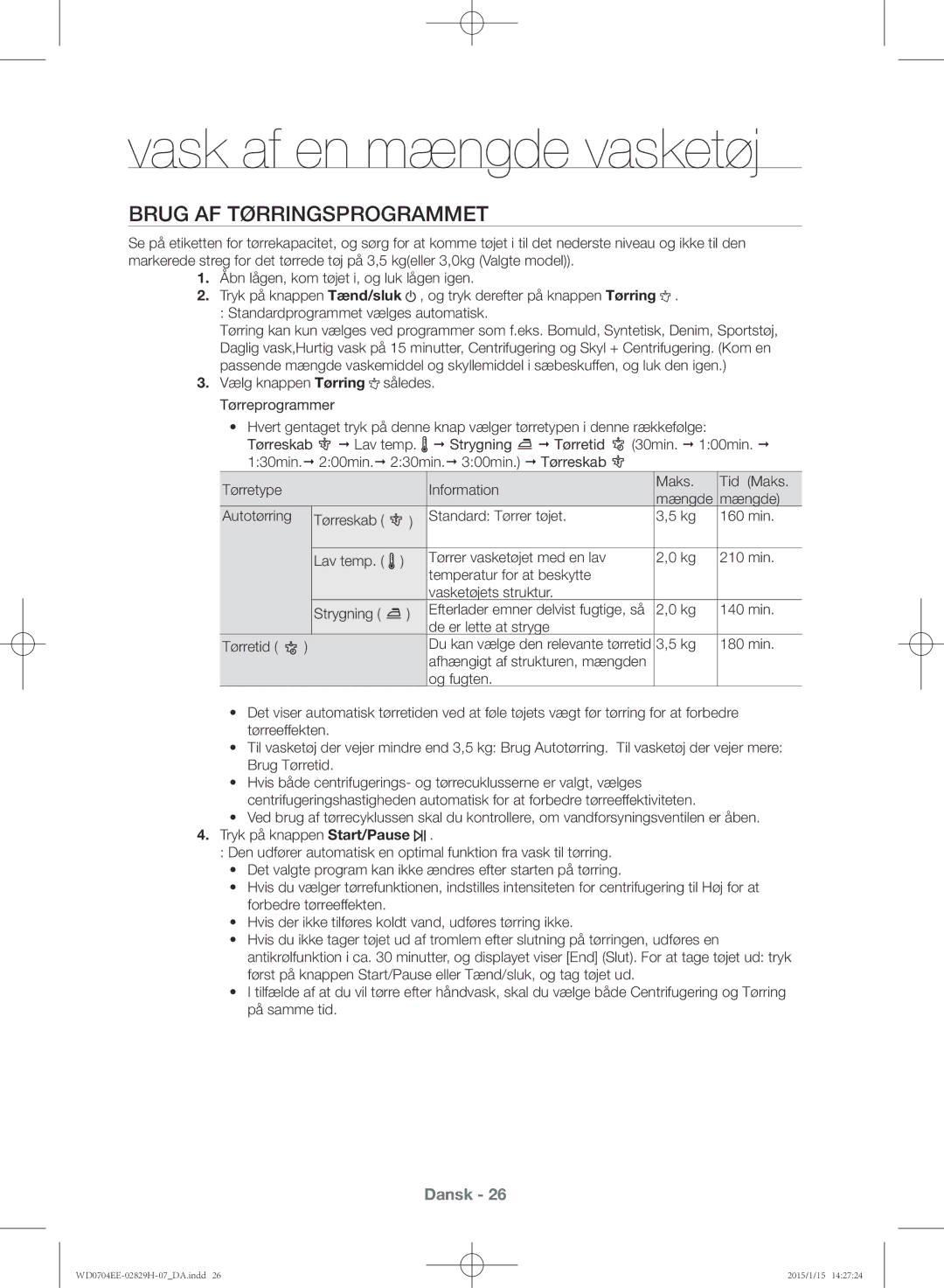 Samsung WD0704EEC/XEE manual Brug af tørringsprogrammet, De er lette at stryge Tørretid 