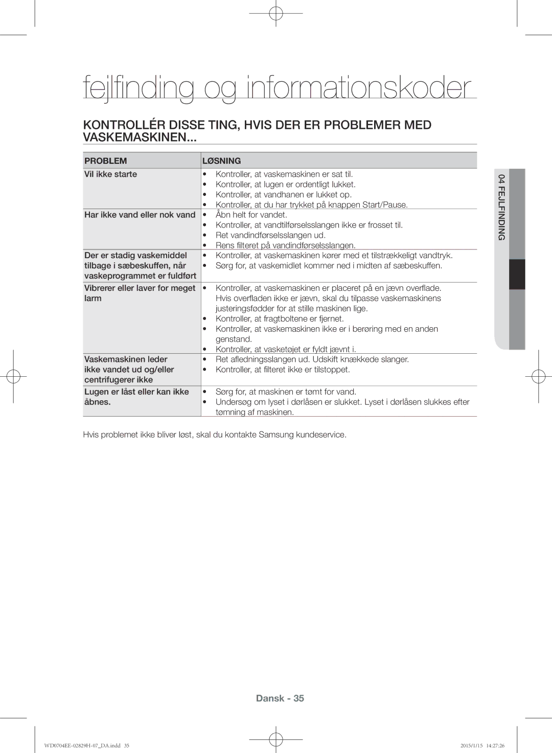 Samsung WD0704EEC/XEE manual Problem Løsning, Tømning af maskinen 