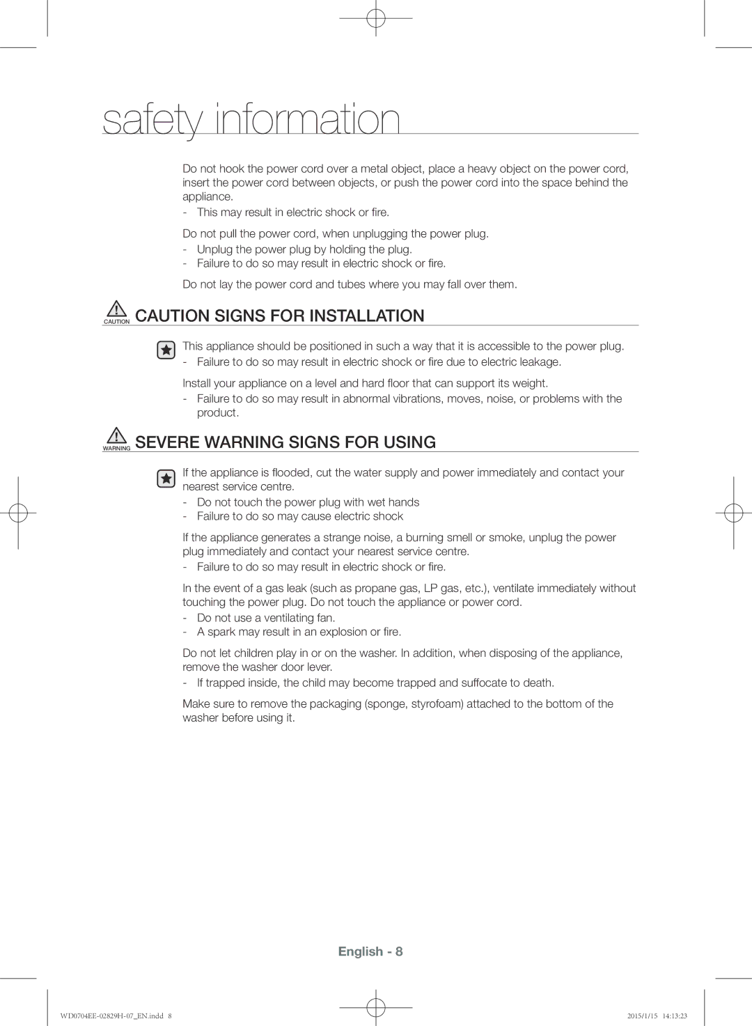 Samsung WD0704EEC/XEE manual Safety information 