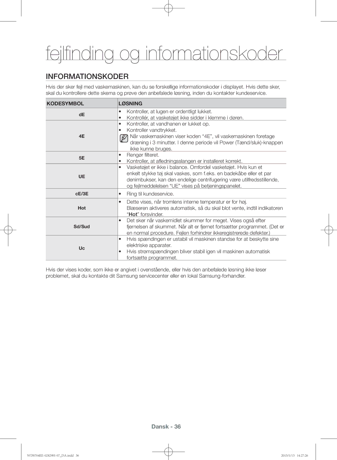 Samsung WD0704EEC/XEE manual Fejlfinding og informationskoder, Informationskoder, Kodesymbol Løsning 