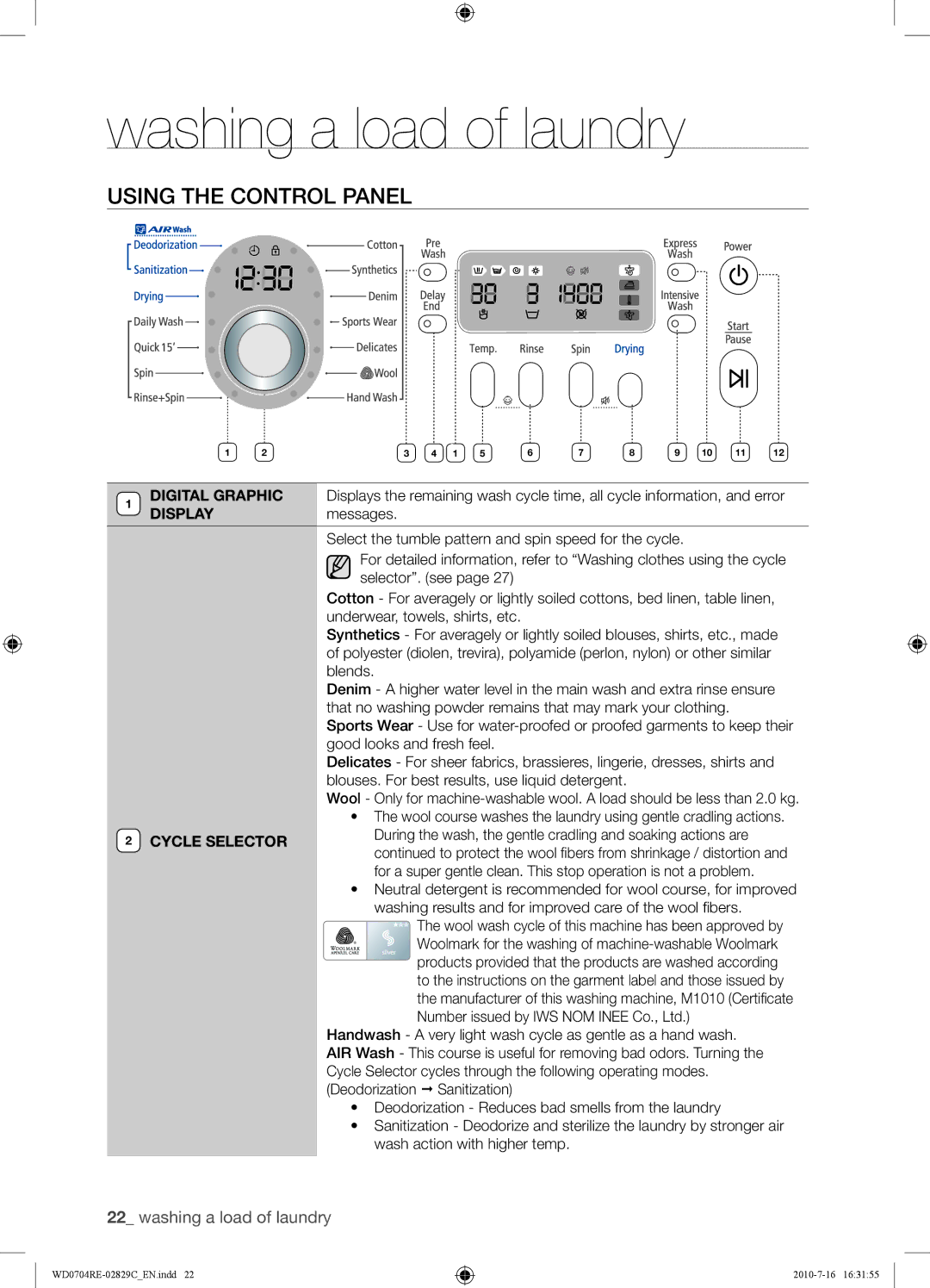 Samsung WD0704REC/XSG manual Using the Control Panel, Cycle Selector 