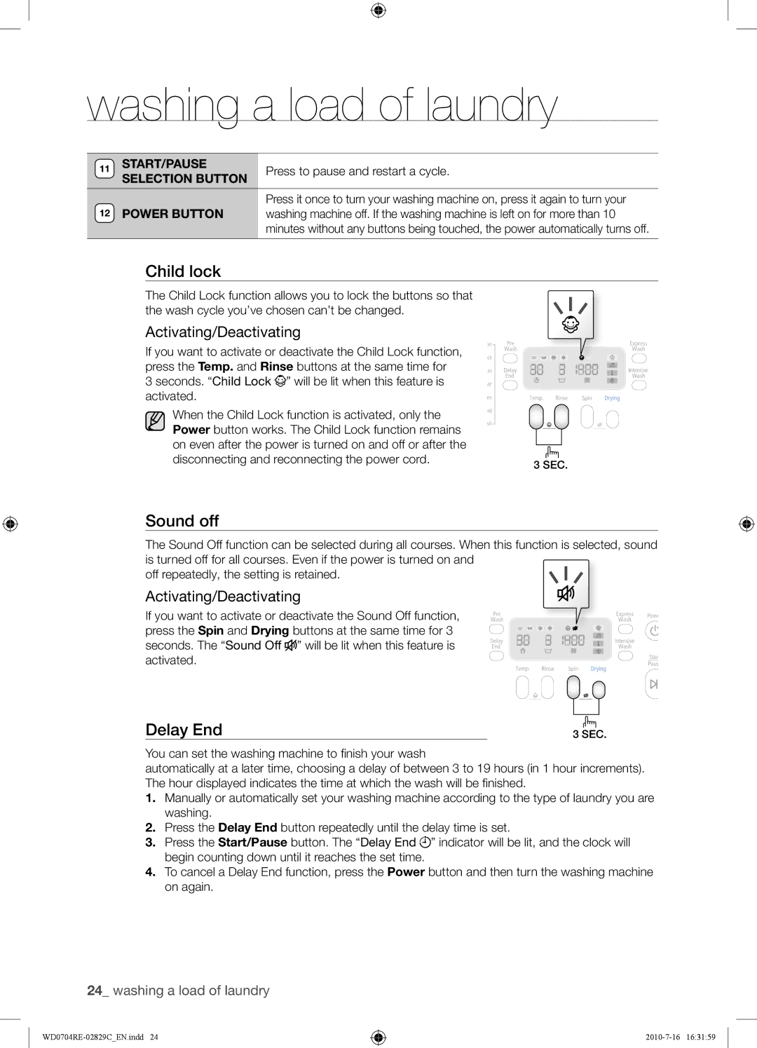 Samsung WD0704REC/XSG manual Sound off, Activating/Deactivating 