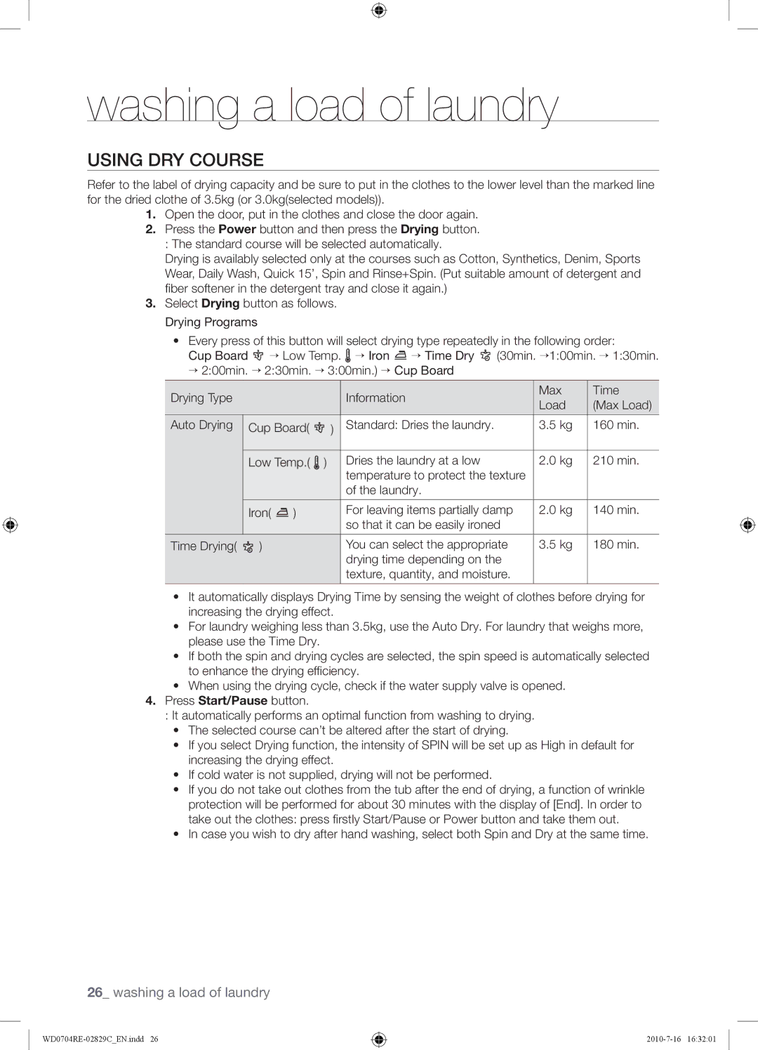 Samsung WD0704REC/XSG manual Using DRY Course 