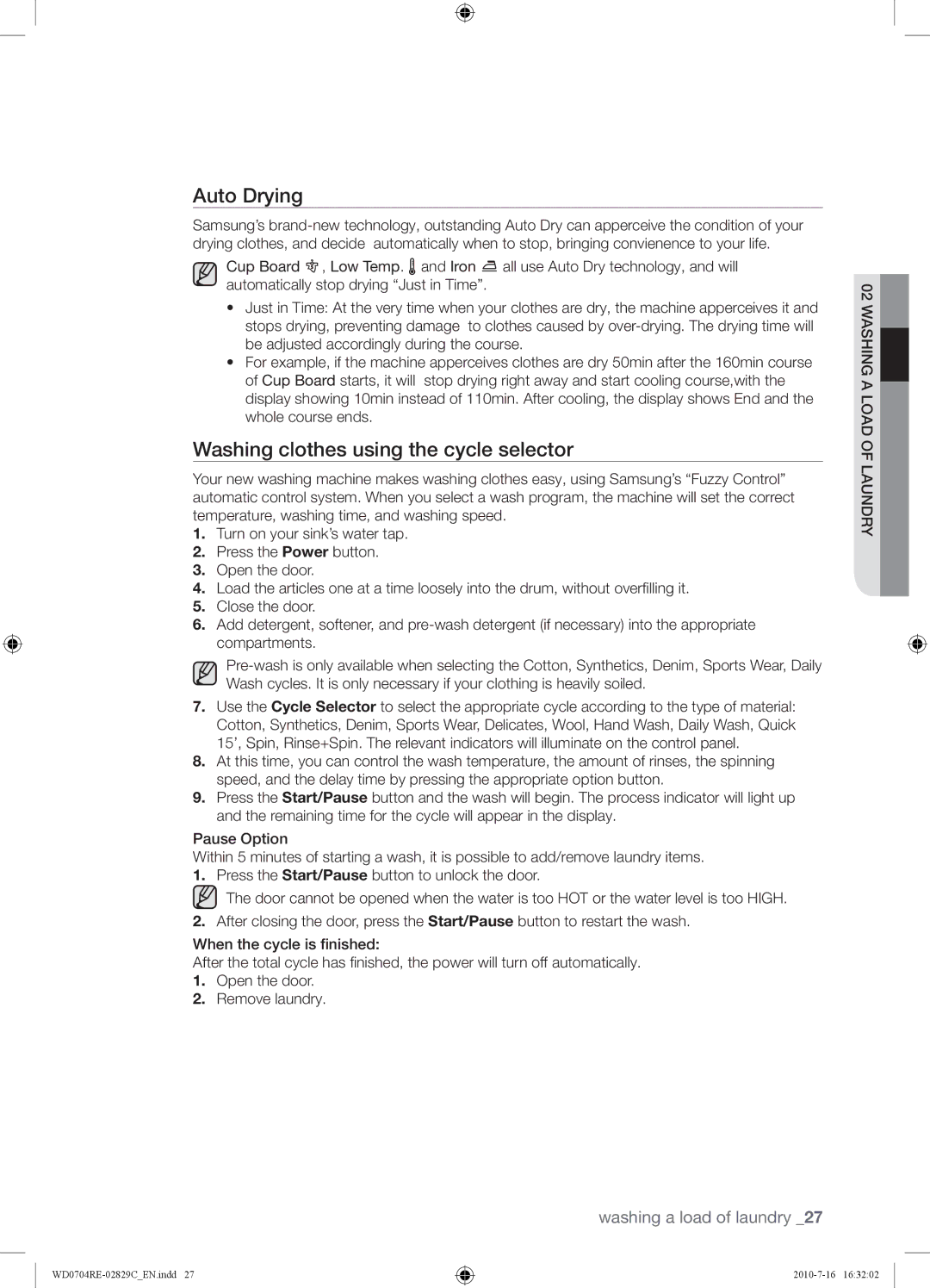 Samsung WD0704REC/XSG manual Auto Drying, Washing clothes using the cycle selector 