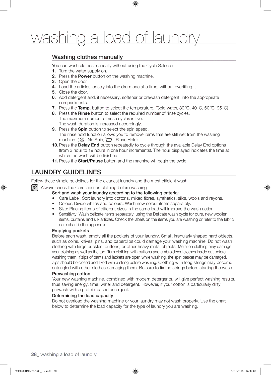 Samsung WD0704REC/XSG Laundry Guidelines, Washing clothes manually 