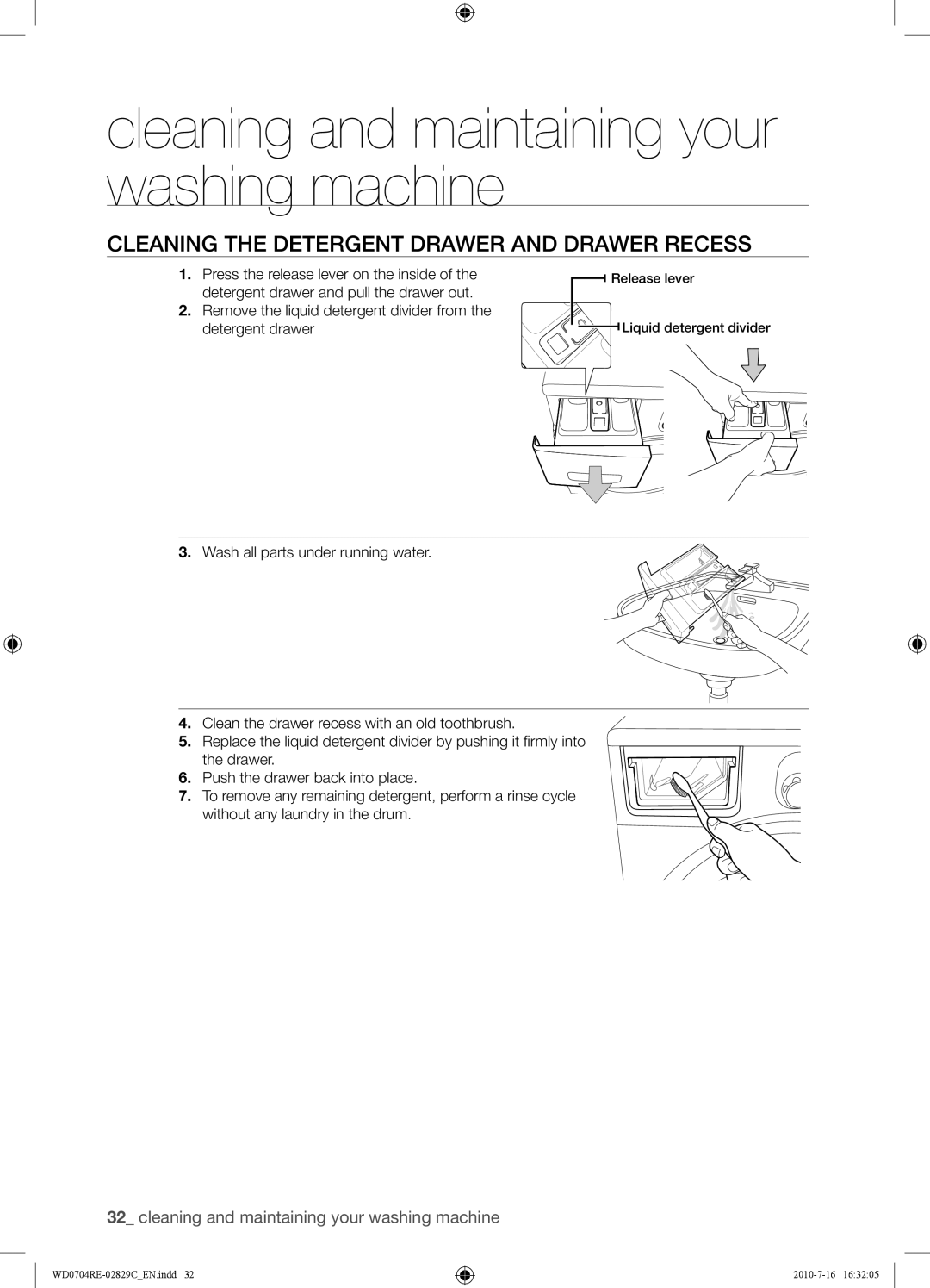 Samsung WD0704REC/XSG manual Cleaning the Detergent Drawer and Drawer Recess 