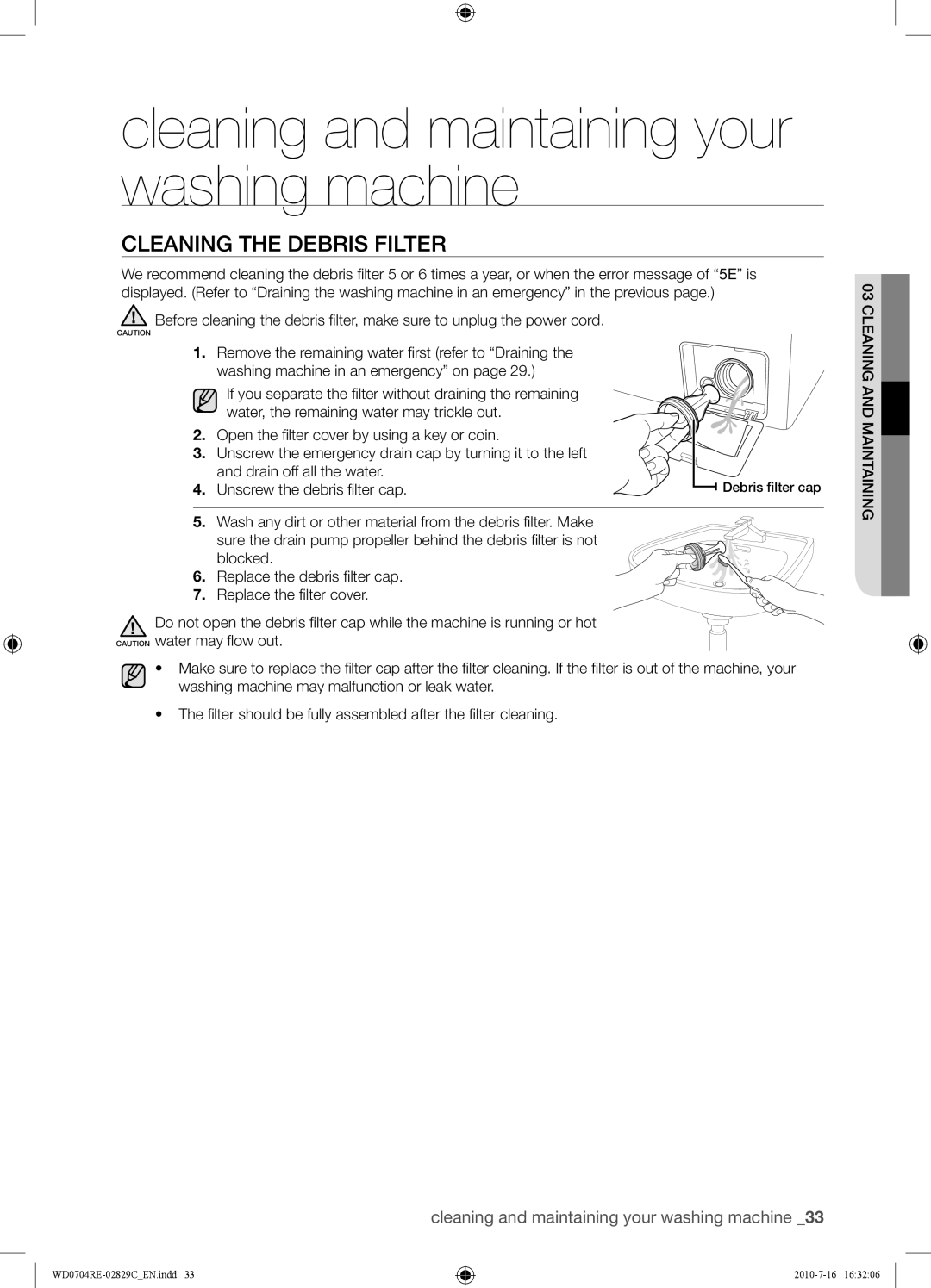 Samsung WD0704REC/XSG manual Cleaning the Debris Filter 