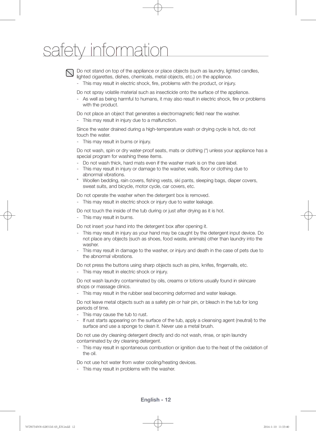 Samsung WD0754W8E/YL manual Safety information 