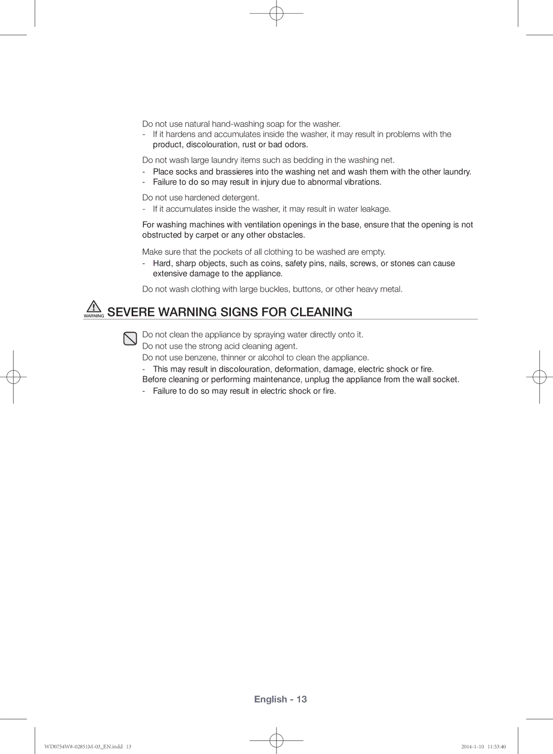 Samsung WD0754W8E/YL manual Failure to do so may result in electric shock or fire 