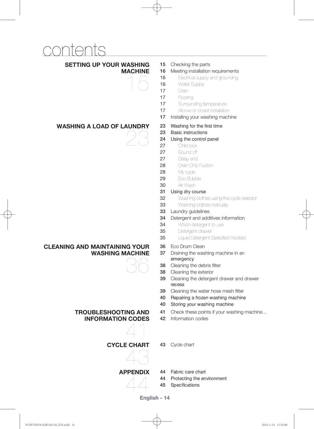 Samsung WD0754W8E/YL manual Contents 