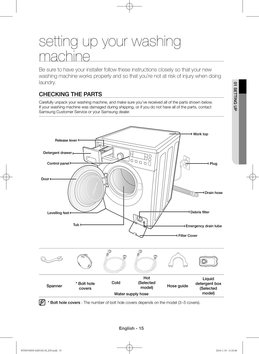 Samsung WD0754W8E/YL manual Setting up your washing machine, Checking the parts, Water supply hose 