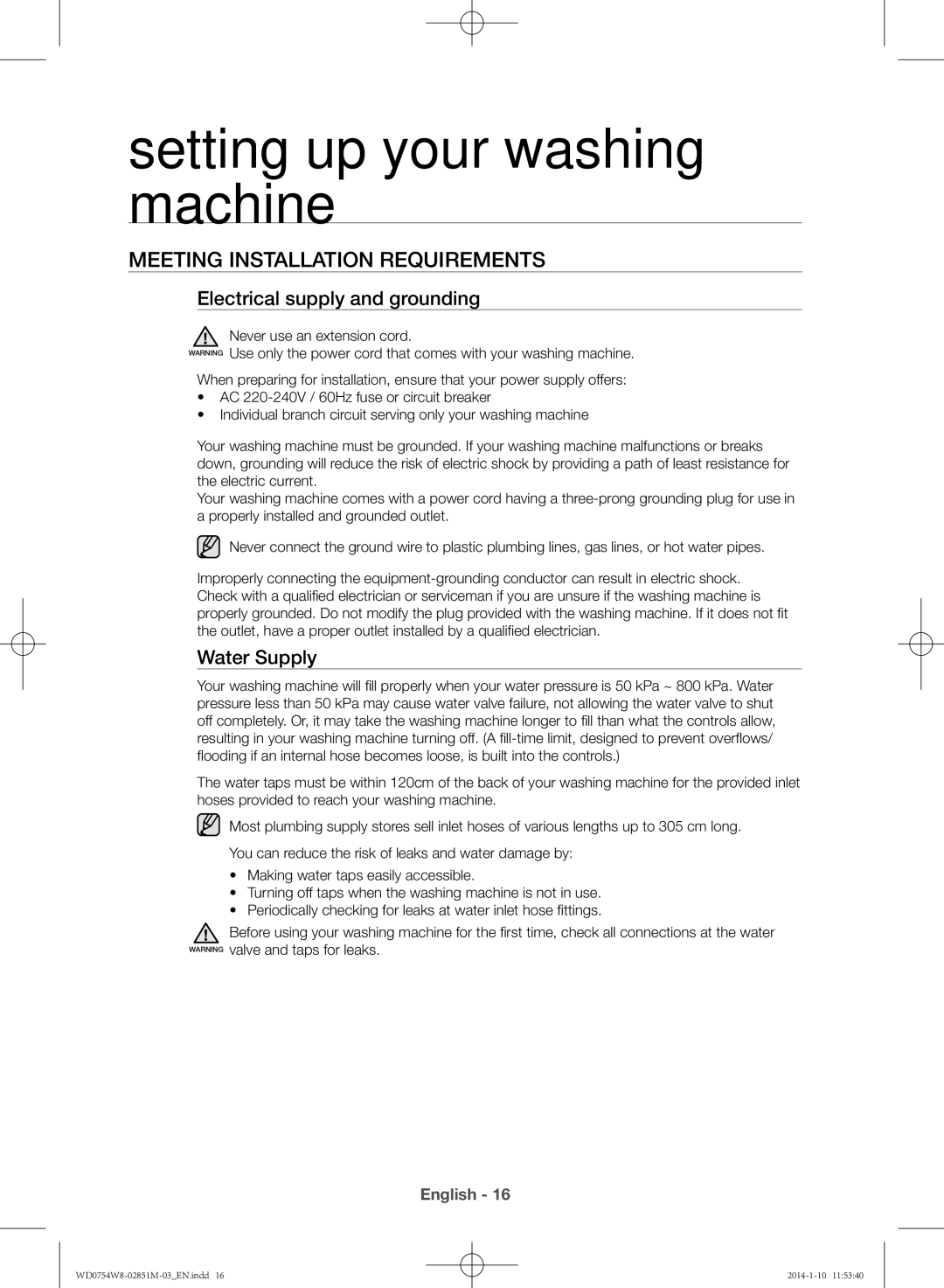 Samsung WD0754W8E/YL manual Meeting installation requirements, Electrical supply and grounding, Water Supply 