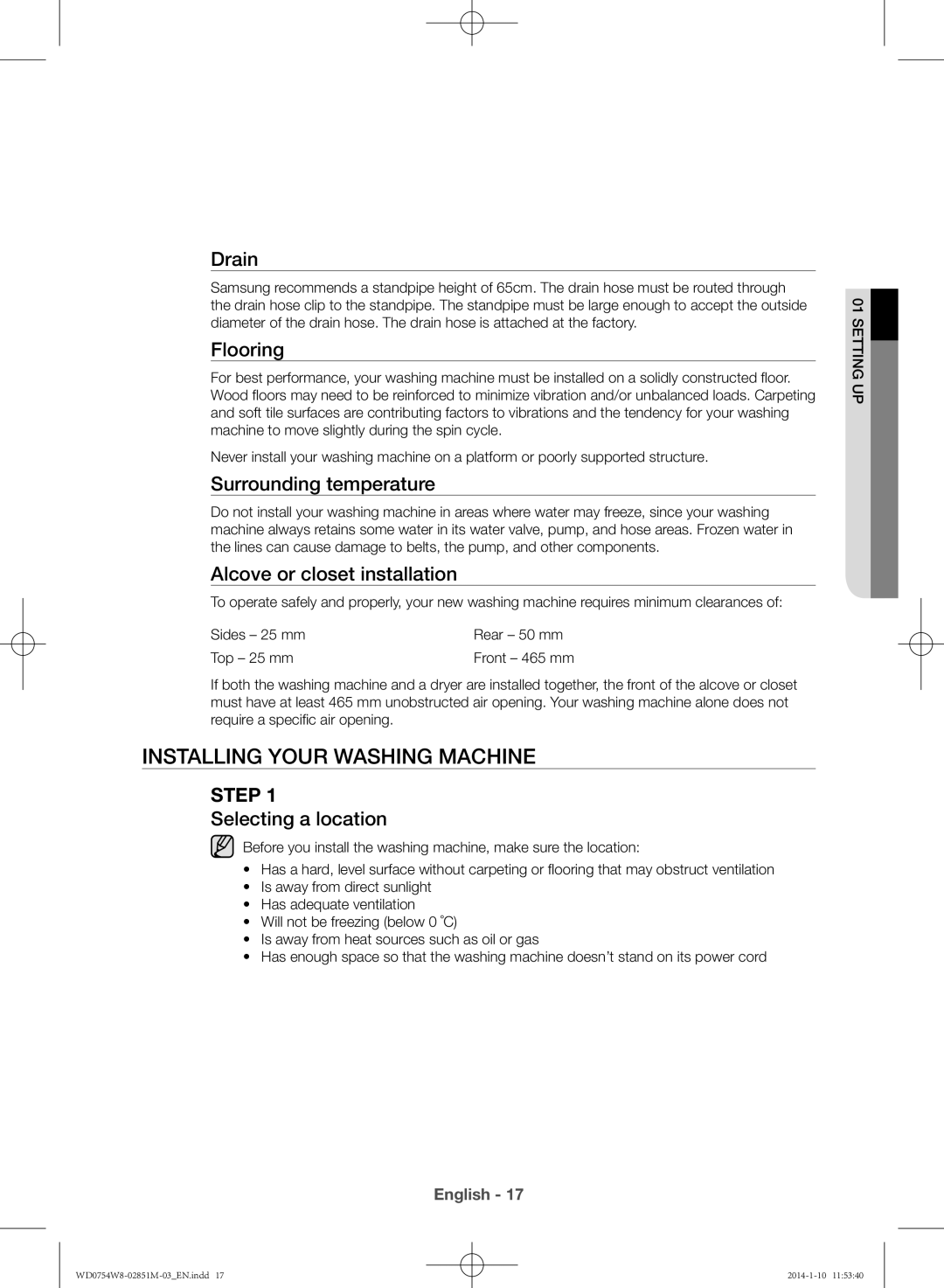 Samsung WD0754W8E/YL manual Installing your washing machine 