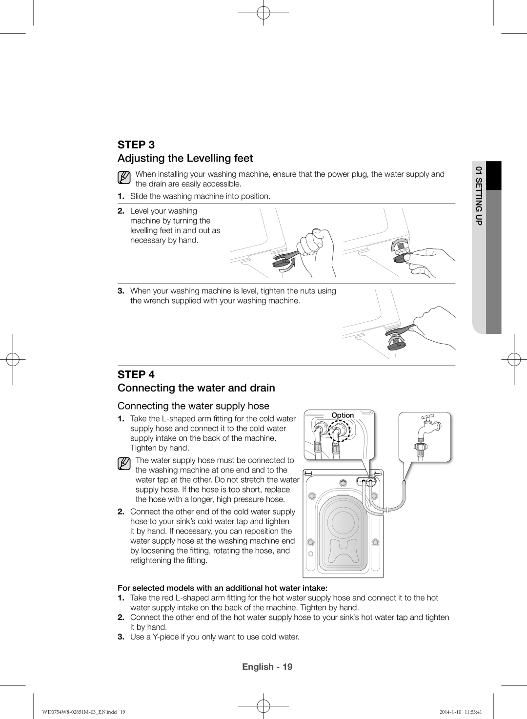 Samsung WD0754W8E/YL manual Adjusting the Levelling feet, Connecting the water and drain 