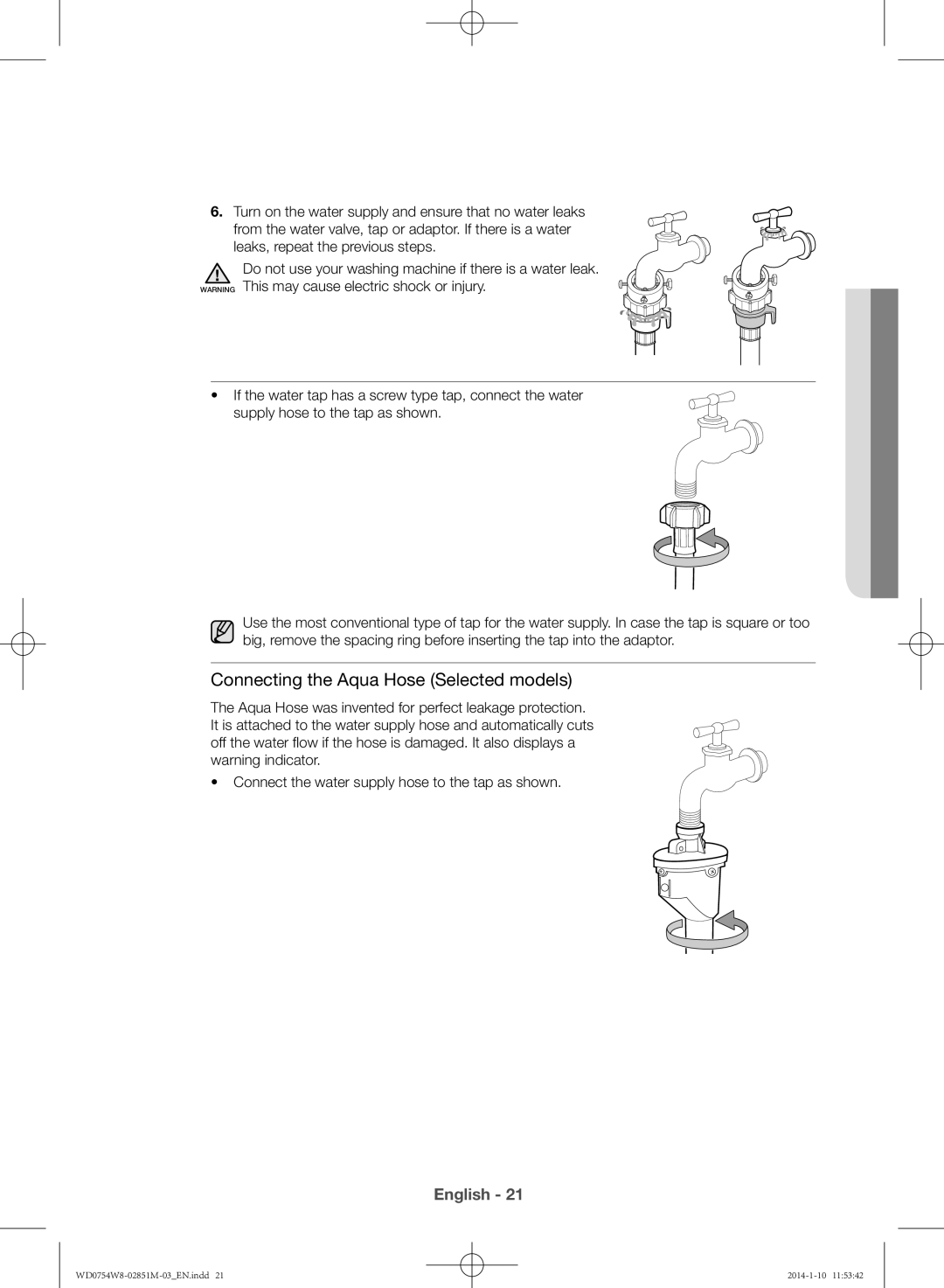 Samsung WD0754W8E/YL manual Connecting the Aqua Hose Selected models 