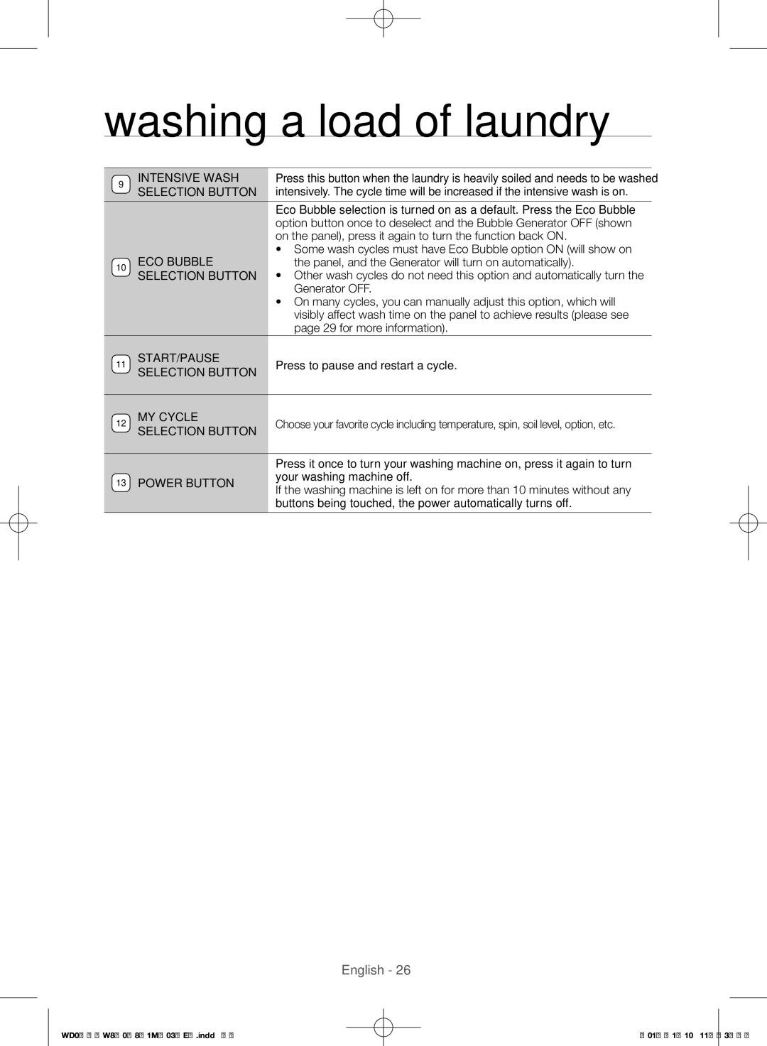 Samsung WD0754W8E/YL Some wash cycles must have Eco Bubble option on will show on, Press to pause and restart a cycle 