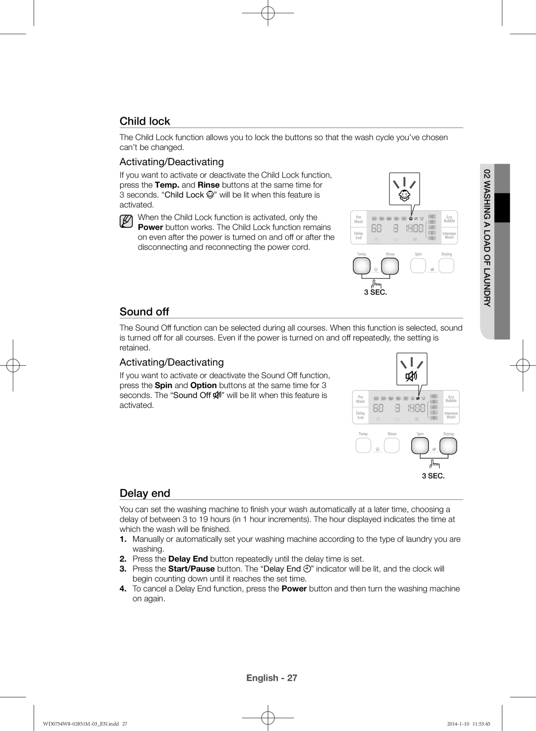 Samsung WD0754W8E/YL manual Sound off, Activating/Deactivating 