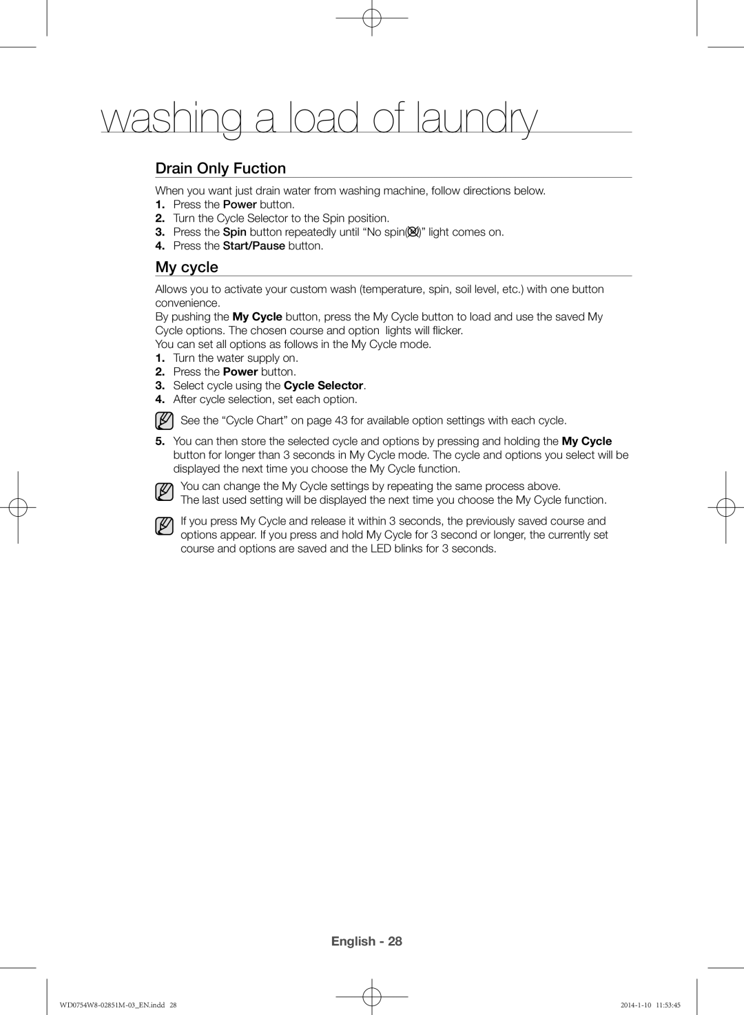 Samsung WD0754W8E/YL manual Drain Only Fuction, My cycle 