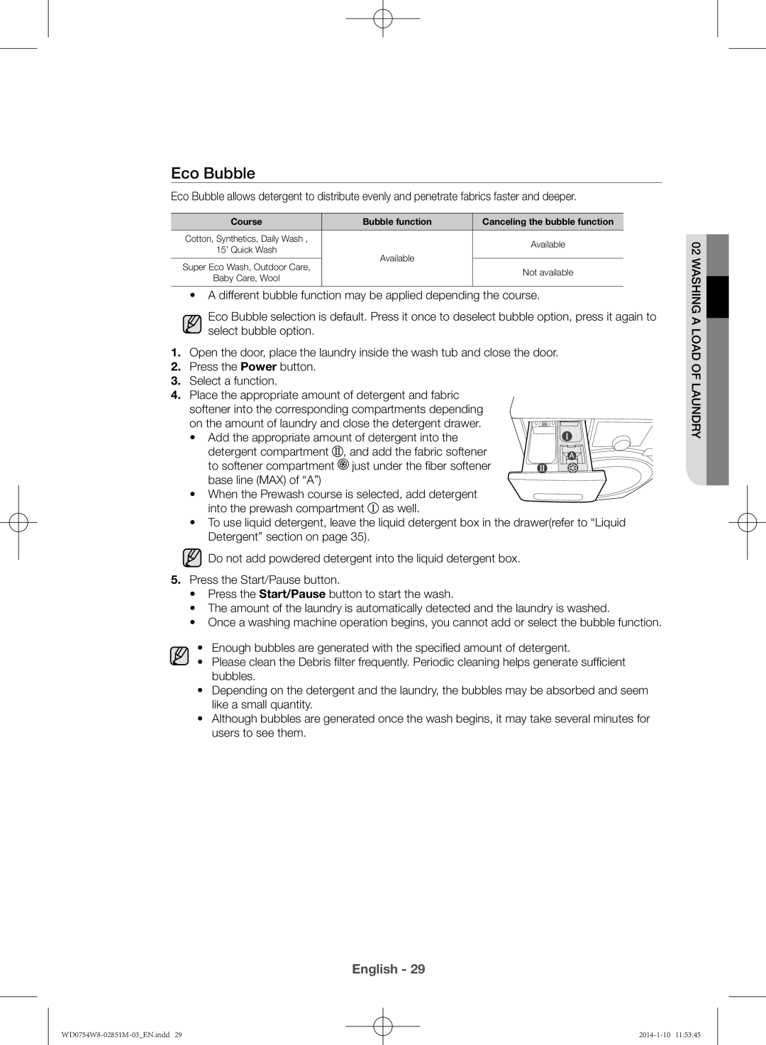 Samsung WD0754W8E/YL manual Eco Bubble, Course Bubble function Canceling the bubble function 