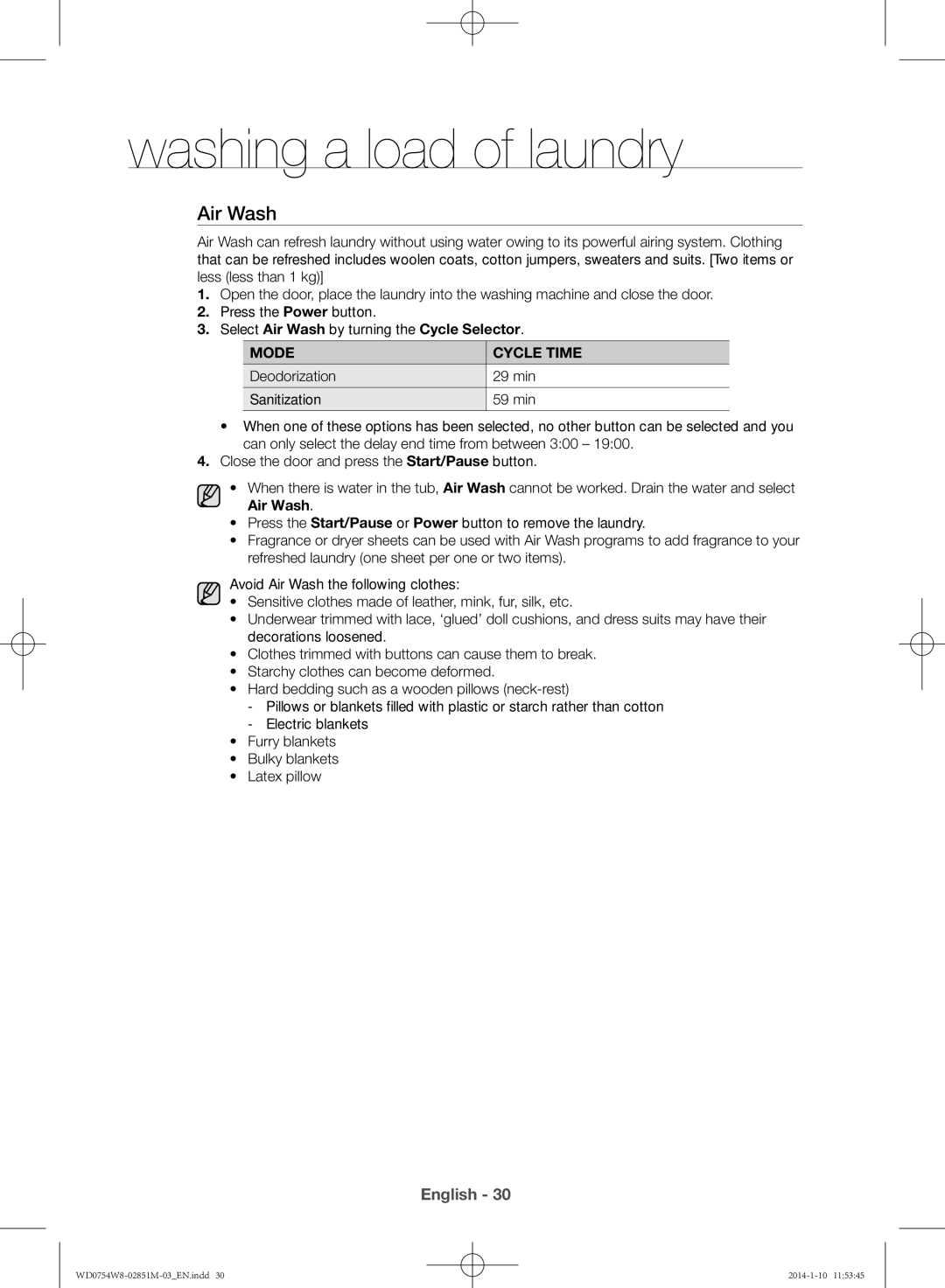 Samsung WD0754W8E/YL manual Mode Cycle Time 