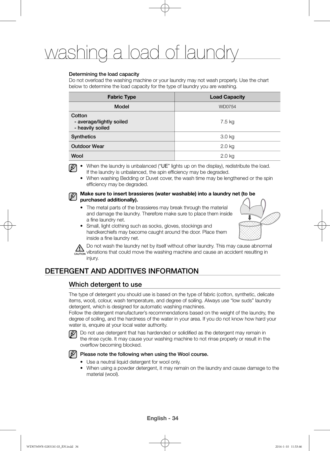 Samsung WD0754W8E/YL manual Detergent and additives information, Which detergent to use, Fabric Type Load Capacity, Model 