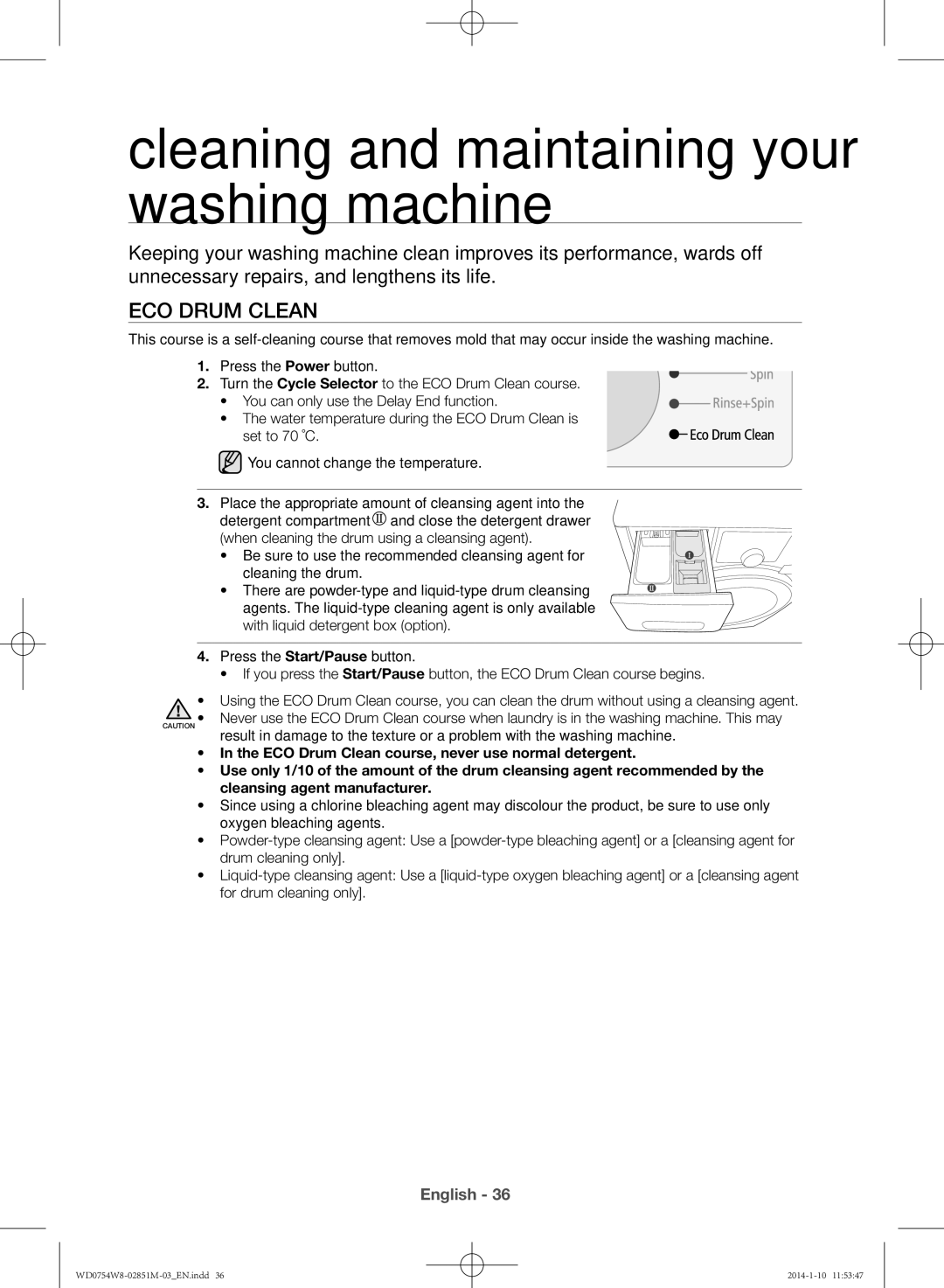 Samsung WD0754W8E/YL manual Cleaning and maintaining your washing machine, Eco Drum Clean 