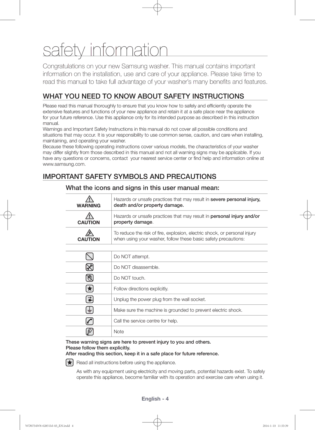 Samsung WD0754W8E/YL manual Safety information 