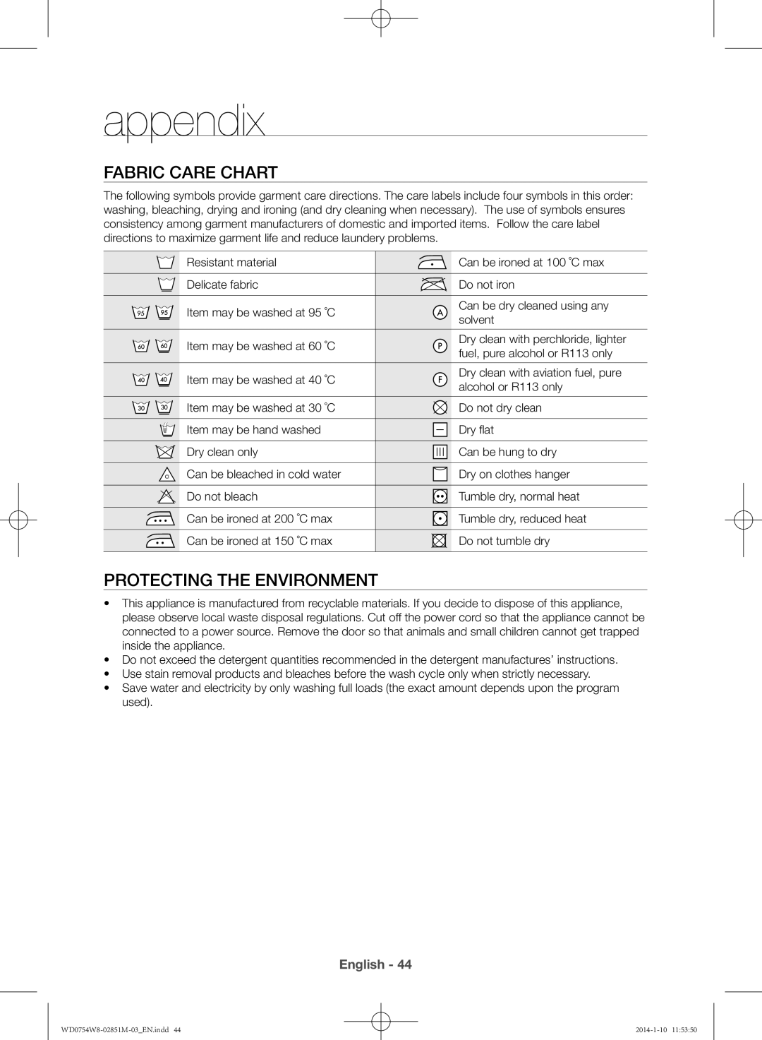 Samsung WD0754W8E/YL manual Appendix, Fabric care chart, Protecting the environment 