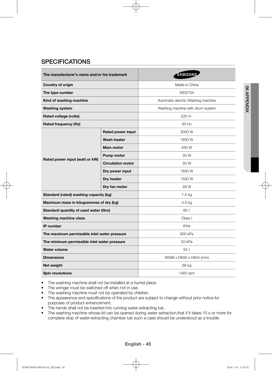 Samsung WD0754W8E/YL manual Specifications, Ix dne App06 