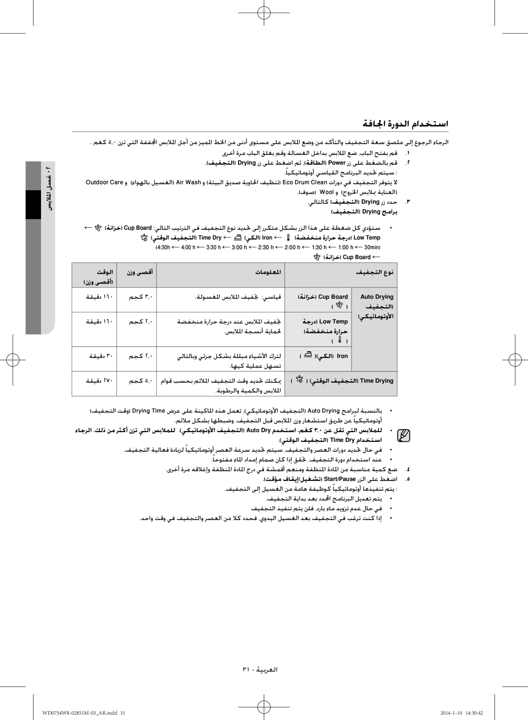 Samsung WD0754W8E/YL manual ةفالجا ةرودلا مادختسا 