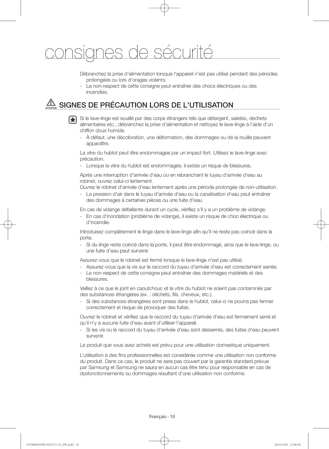 Samsung WD0804W8E1/XEF, WD0804W8E/XEF manual Consignes de sécurité 