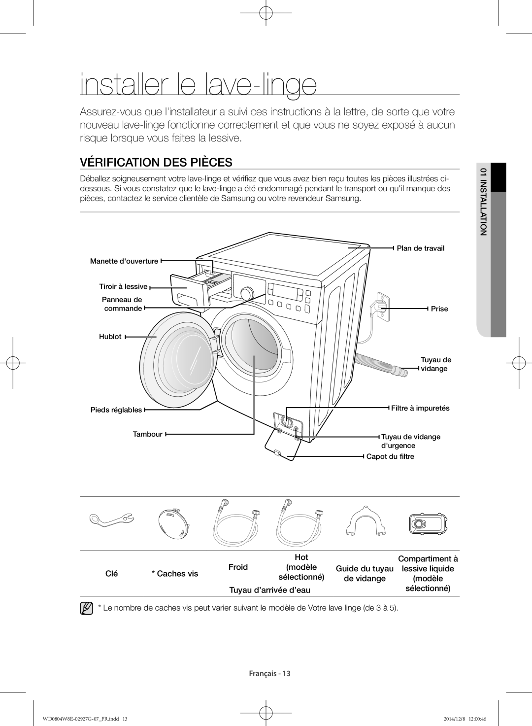 Samsung WD0804W8E/XEF, WD0804W8E1/XEF manual Installer le lave-linge, Vérification des pièces 