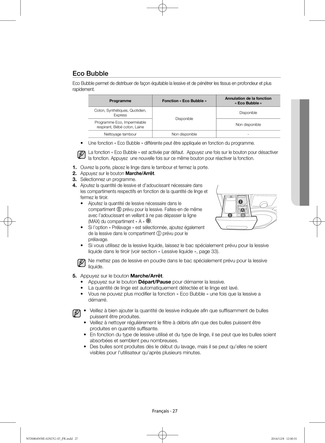 Samsung WD0804W8E/XEF, WD0804W8E1/XEF manual Programme Fonction « Eco Bubble » Annulation de la fonction 