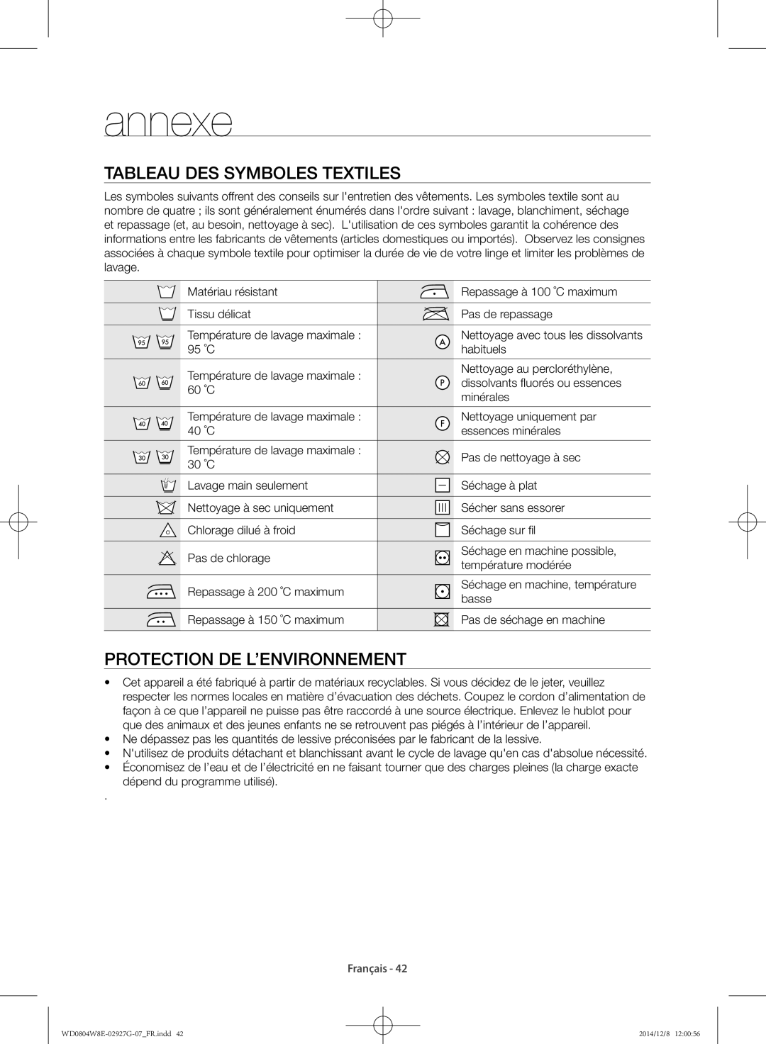 Samsung WD0804W8E1/XEF, WD0804W8E/XEF manual Annexe, Tableau des symboles textiles, Protection de l’environnement 