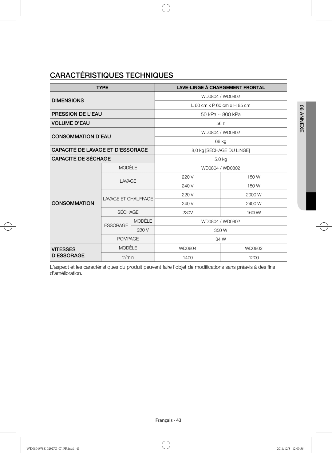 Samsung WD0804W8E/XEF, WD0804W8E1/XEF manual Caractéristiques techniques, Dessorage 