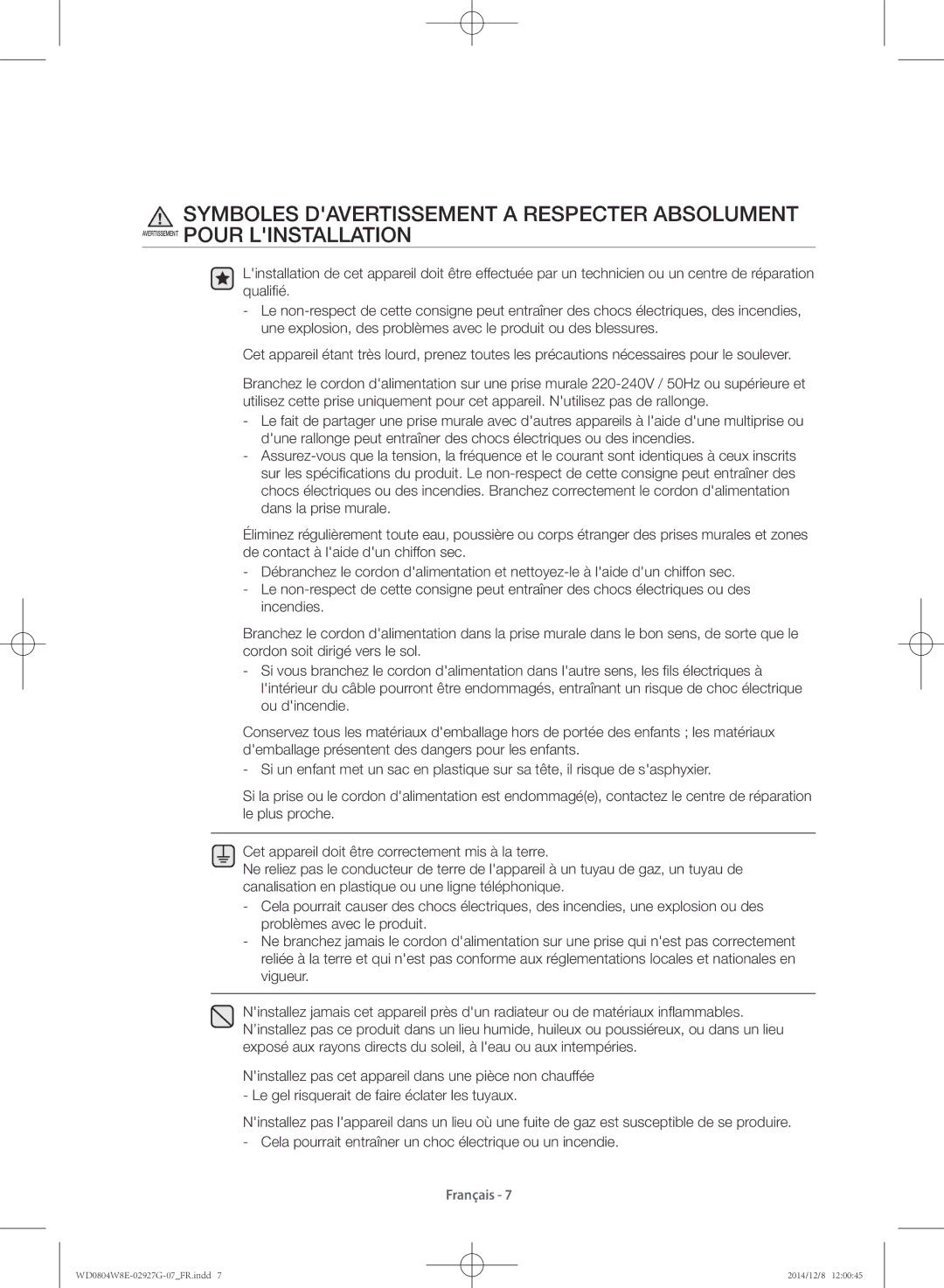 Samsung WD0804W8E/XEF, WD0804W8E1/XEF manual Français 