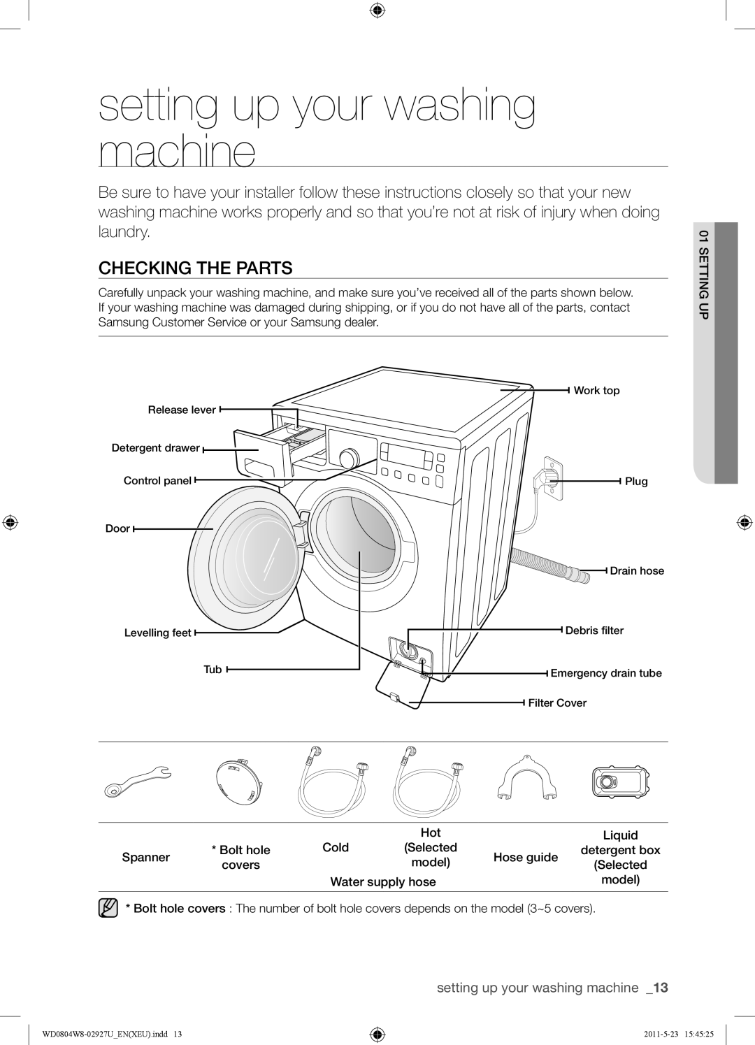 Samsung WF1702WSW2/YLE, WD0804W8E1/XEF, WF1702WSW2/YLV manual Setting up your washing machine, Checking the Parts 