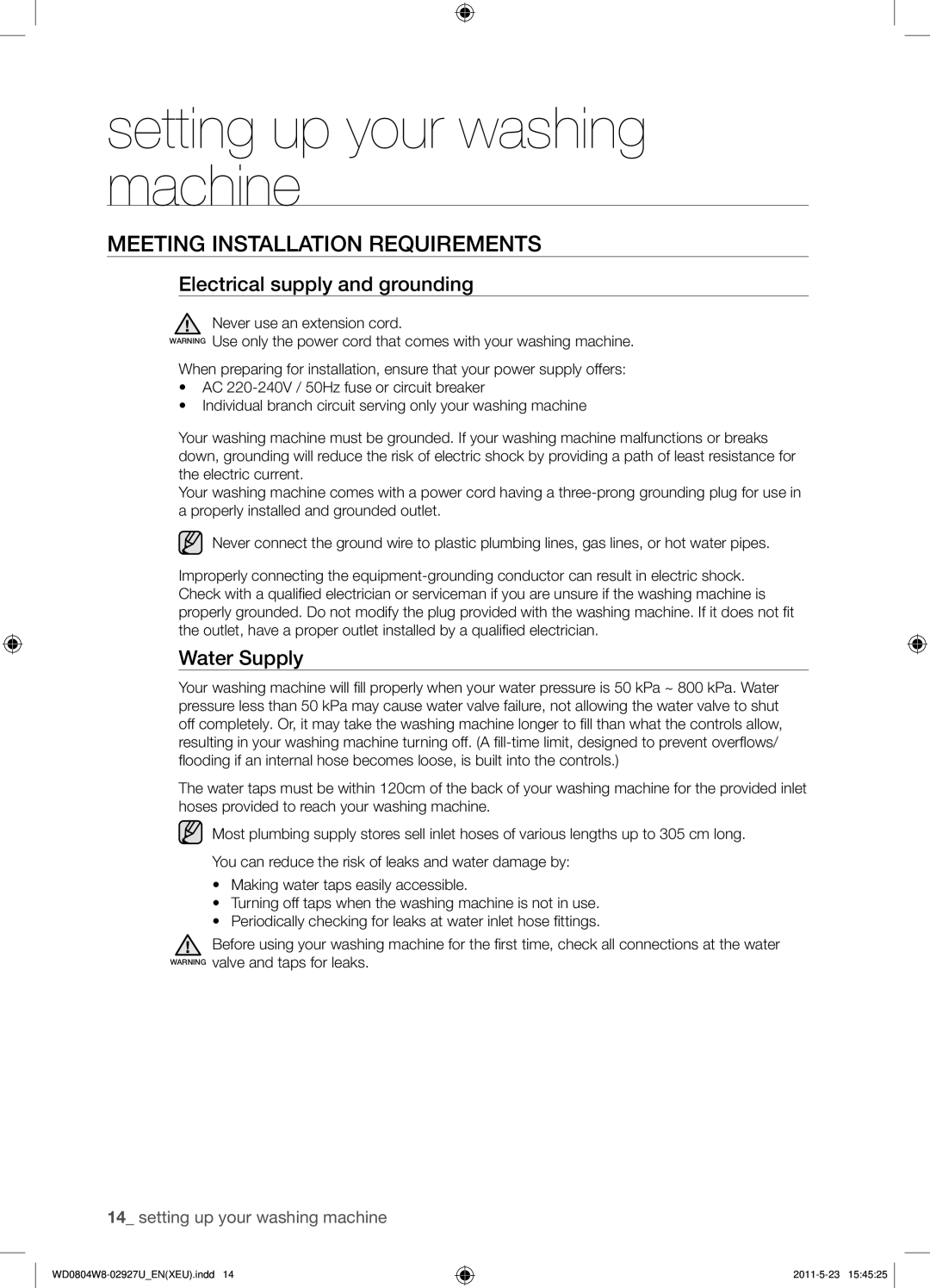 Samsung WF1702WSW2/YLV, WD0804W8E1/XEF Meeting Installation Requirements, Electrical supply and grounding, Water Supply 