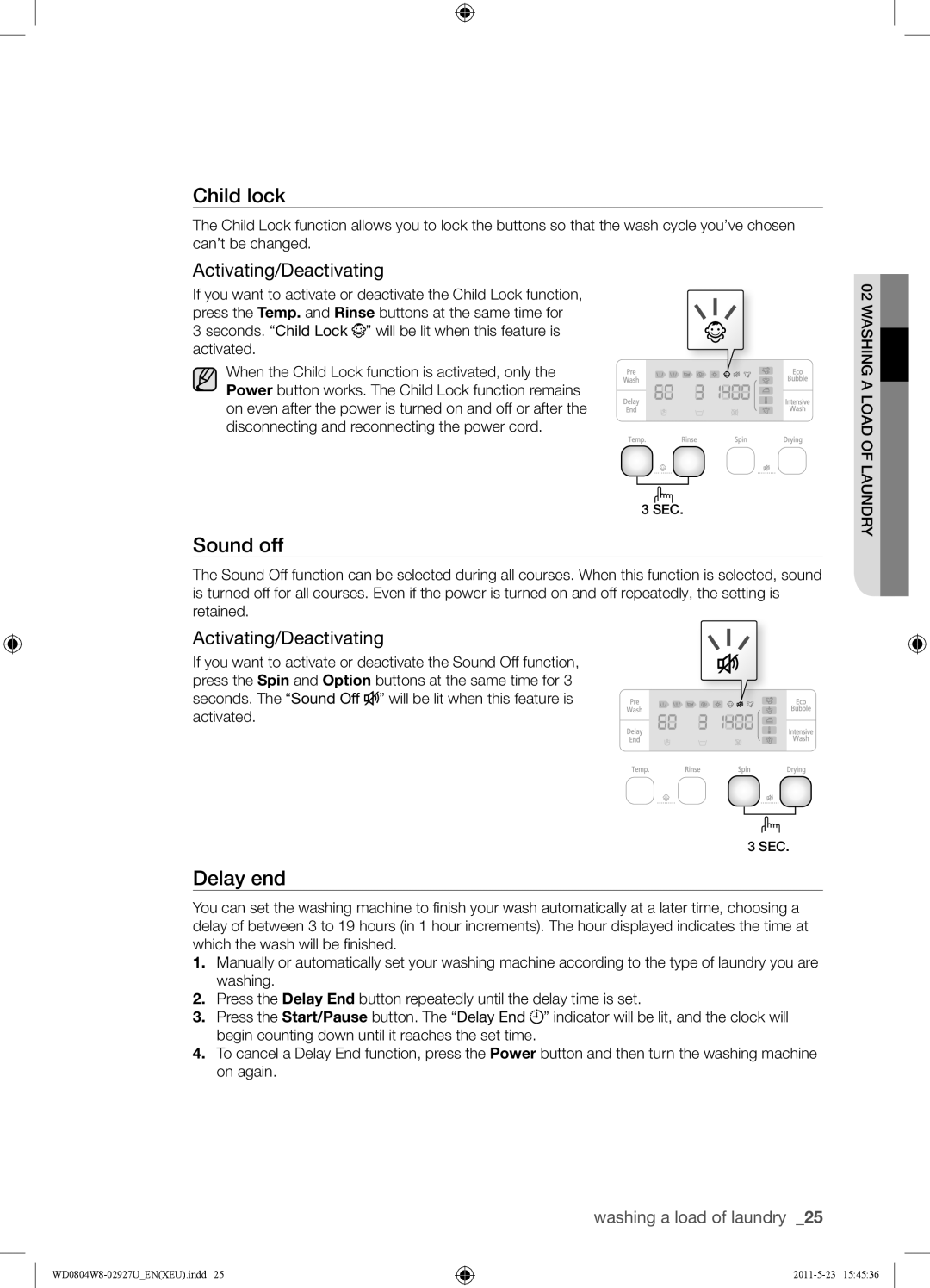 Samsung WF1702WSW2/YLE, WD0804W8E1/XEF, WF1702WSW2/YLV manual Sound off, Activating/Deactivating 