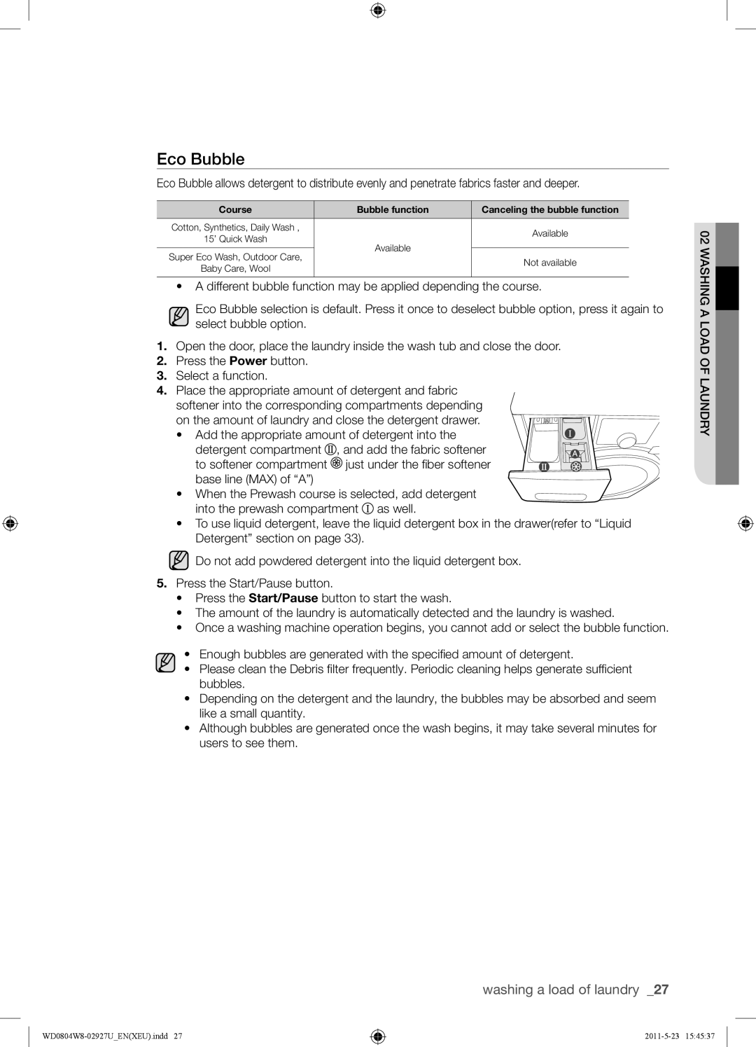 Samsung WD0804W8E1/XEF, WF1702WSW2/YLE, WF1702WSW2/YLV Eco Bubble, Course Bubble function Canceling the bubble function 