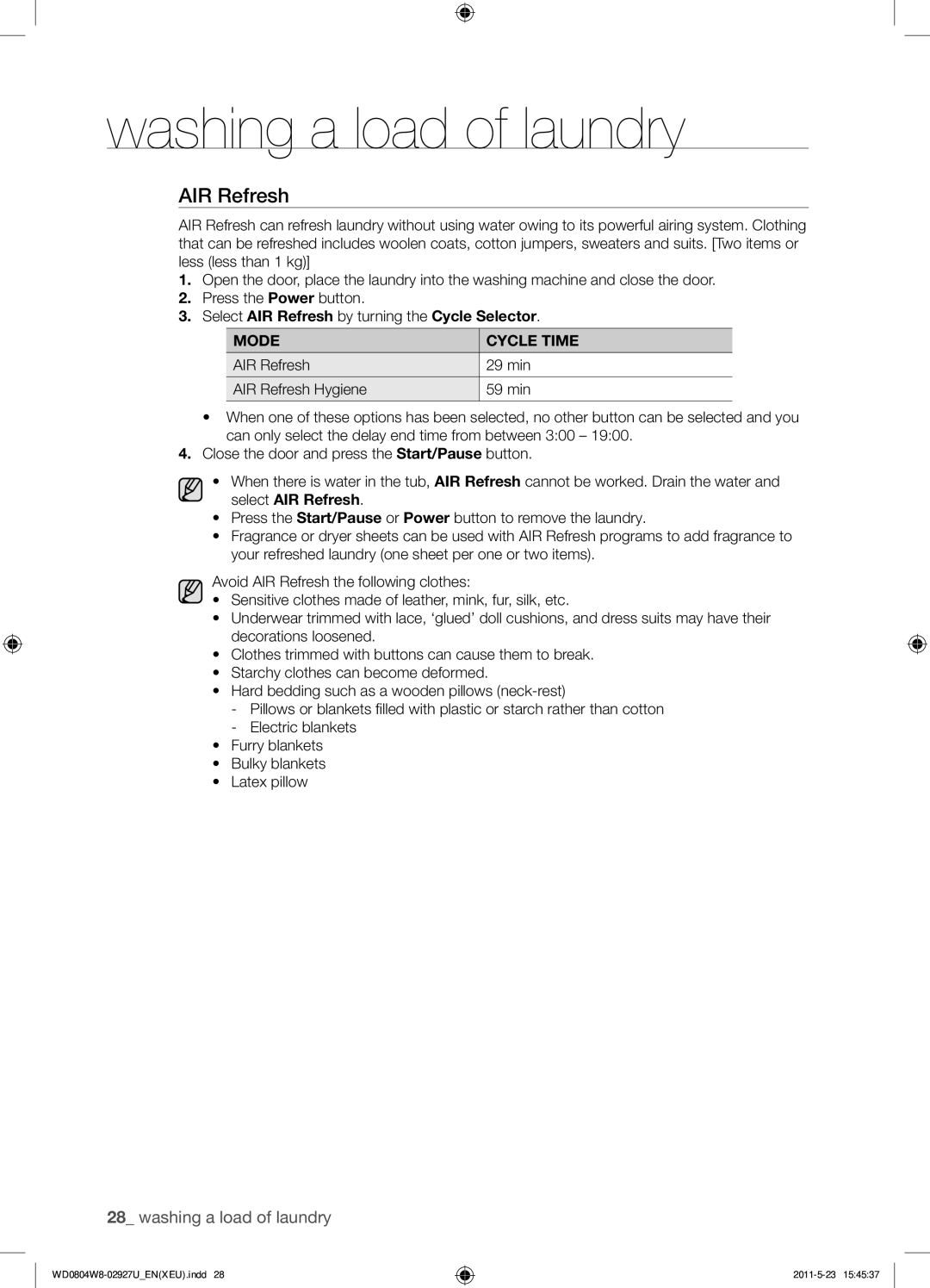 Samsung WF1702WSW2/YLE, WD0804W8E1/XEF, WF1702WSW2/YLV manual AIR Refresh, Mode Cycle Time 